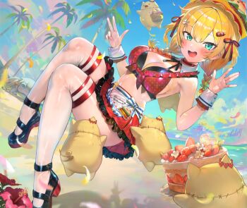 1girl akai_haato akai_haato_(waitress) ankle_belt apron armpits asymmetrical_bangs beach bikini bikini_top_only black_bikini black_bow black_bowtie black_shoes blonde_hair blush bow bowtie breasts burger_hat cake carhop cleavage colored_shoe_soles commentary_request commission detached_collar fine_fabric_emphasis fingernails food food-themed_hat frilled_bikini frilled_skirt frills front-tie_bikini_top front-tie_top green_eyes haaton_(akai_haato) hair_ornament hair_ribbon happy_birthday highres hololive large_breasts layered_bikini looking_at_viewer low_twintails maid maid_bikini maro2ki3 mary_janes medium_hair miniskirt navel_peek official_alternate_costume official_alternate_hairstyle open_hand open_mouth palm_tree pink_nails pleated_skirt polka_dot red_background red_skirt ribbon second-party_source shoes skirt smile solo spiderchama stomach strawberry_cake string_bowtie swimsuit teeth thighhighs tree twintails unconventional_maid upper_teeth_only virtual_youtuber w waist_apron waitress wrist_cuffs