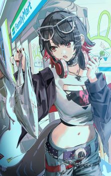 absurdres bag black_hair breasts chain choker cleavage cleavage_cutout clothing_cutout colored_inner_hair commentary_request crop_top denim ellen_joe eyewear_on_head fins fish_tail grocery_bag hat headphones highres midriff mole mole_under_eye multicolored_hair navel open_mouth red_eyes red_hair red_nails scar scar_on_tail shark_girl shark_tail shopping_bag spiked_choker spikes tail wata_(attaka_towel) zenless_zone_zero