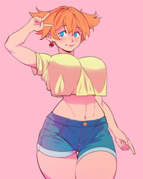 1girl aged_up alternate_costume arm_at_side arm_up artist_request blue_eyes blue_shorts blush breasts closed_mouth crop_top crop_top_overhang cropped_shirt curvy cutoffs denim denim_shorts earrings hair_between_eyes jewelry large_breasts legs_together looking_at_viewer midriff misty_(pokemon) narrow_waist navel nintendo orange_hair pokemon pokemon_(anime) pokemon_(classic_anime) shirt short_hair short_shorts short_sleeves short_twintails shorts smile solo source_request standing stomach thick_thighs thigh_gap thighs twintails v wide_hips yellow_shirt