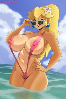 1girl absurdres alternate_hairstyle areola_slip arm_up beach bikini blonde_hair blue_eyes breasts cleavage covered_erect_nipples curvy hand_on_own_hip highres large_breasts legs licking_lips long_hair mario_(series) navel nintendo ocean one_eye_closed pink_bikini pink_lips ponytail princess princess_peach sideboob slingshot_swimsuit smile solo spottyarts sunglasses swimsuit tan tanline thighs tongue tongue_out water wide_hips wink