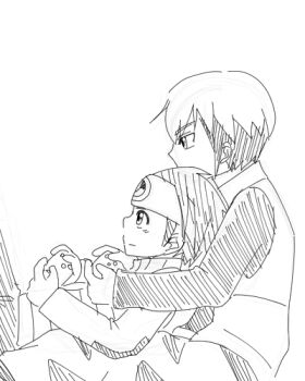 artist_request bandana capcom child controller eugene_chaud eugene_chaud_(mega_man) game_controller jacket lan_hikari_(mega_man) lan_hikari_(mega_man) mega_man_(series) mega_man_battle_network mega_man_battle_network_(series) playing playing_videogame sitting traditional_media