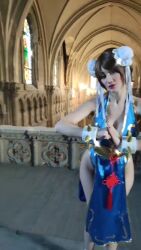 1girl alternate_costume animated argentine_(nationality) ass ass_shake audible_music bare_hips bare_legs bare_shoulders blue_dress blue_eyes bracelet braid breasts brown_hair capcom china_dress chinese_clothes chun-li chun-li_(cosplay) church cleavage clenched_hands cosplay curvy dancing double_bun dress fighting_stance fingernails hair_bun high_heels jewelry large_breasts legs leotard leotard_under_clothes lips lipstick long_hair looking_at_viewer makeup medium_breasts no_bra pelvic_curtain photo_(medium) real_life revealing_clothes shiny_clothes short_dress simple_background smile sophie_valentine sound source_request spiked_bracelet spikes standing street_fighter street_fighter_iv_(series) tagme thick_thighs thighs video wide_hips