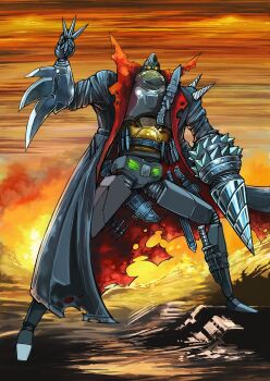 arm_blade belt black_coat black_getter coat collared_coat combat_knife drill drill_hand getter-2 getter_robo glowing glowing_eyes highres holding holding_knife horizon joints knife knife_sheath long_coat mecha mecha_focus mountainous_horizon multicolored_coat multiple_knives multiple_weapons no_humans open_clothes open_coat orange_sky overcoat red_coat reflective_surface robot robot_joints ruins scabbard science_fiction screw sheath shin_getter_robo shoulder_spikes sky sleeves_rolled_up solo spikes sunset super_robot throwing_knife torn_clothes torn_coat two-tone_coat utility_belt weapon yamanushi yellow_eyes yellow_sky