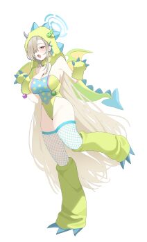 1girl absurdres animal_costume asuna_(blue_archive) bare_shoulders blonde_hair blue_archive blue_eyes blue_halo blush breasts cleavage dragon_claw dragon_costume dragon_hood dragon_tail dragon_wings fake_claws fake_horns fake_tail fake_wings fishnet_thighhighs fishnets green_hood green_leotard groin hair_over_one_eye halo highres horns large_breasts leotard long_hair looking_at_viewer mam_a103 mole mole_on_breast open_mouth solo tail thighhighs thighs very_long_hair white_background wings