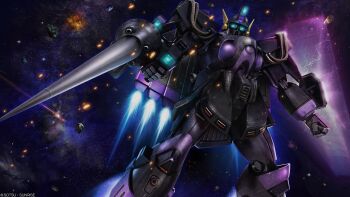 absurdres asteroid battle beam_shield berga_giros blue_eyes cable copyright_notice crossbone_vanguard debris energy explosion glowing glowing_eyes gundam gundam_battle_operation_2 gundam_f91 highres machinery mecha mecha_focus mobile_suit no_humans official_art painting_(medium) realistic robot science_fiction shot_lancer space sunrise_(company) tenjin_hidetaka thrusters traditional_media