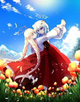 2girls absurdres animal_ears blonde_hair blue_archive blue_sky braid cloud cloudy_sky dancing field flower flower_field grass halo highres holding_hands multiple_girls nodoka_(blue_archive) sabtama111 shigure_(blue_archive) sky slavic_clothes smile twin_braids weasel_ears weasel_girl yuri