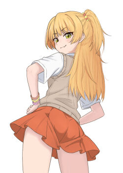 1girl andreypavlow blonde_hair bracelet brown_sweater_vest character_request check_character collared_shirt commentary from_behind green_eyes highres idolmaster idolmaster_cinderella_girls jewelry jougasaki_rika long_hair looking_at_viewer miniskirt pleated_skirt red_skirt shirt short_sleeves sidelocks simple_background skirt solo sweater_vest turning_head two_side_up white_background white_shirt