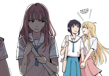 Rule 34 | 4girls, absurdres, ayatsumugi roka, bag, blonde hair, blue eyes, blue neckerchief, blue skirt, blush, cho kaguya-hime!, closed mouth, commentary, earrings, english commentary, green eyes, grin, hair bun, highres, holding hands, interlocked fingers, jewelry, kaguya (cho kaguya-hime!), kkxuroky, long hair, mole, mole under eye, multiple girls, neckerchief, pink hair, pink skirt, pink sweater vest, purple hair, sakayori iroha, school bag, school uniform, serafuku, shirt, simple background, skirt, smile, sweatdrop, sweater vest, white background, white shirt, yuri