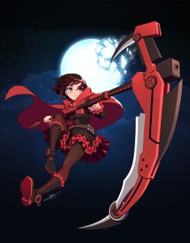 1girl belt black_corset black_dress blush boots broken_moon brown_belt bullet cape cloud commentary corset crescent_rose dress english_commentary eyelashes full_body grey_eyes highres holding holding_scythe moon night night_sky official_art red_boots red_cape red_hair ruby_rose rwby scope scythe short_hair signature sky solo star_(sky) uyalago