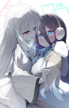 2girls absurdres aqua_halo aris_(blue_archive) aris_(winter)_(blue_archive) black_hair blue_archive blue_scarf bright_pupils brown_coat brown_mittens coat earmuffs fur-trimmed_sleeves fur_trim hair_between_eyes halo hand_on_another's_hand highres kei_(blue_archive) kei_(new_body)_(blue_archive) long_hair long_hair_between_eyes mittens multiple_girls official_alternate_costume open_mouth parted_lips pink_halo plaid_clothes plaid_scarf rectangular_halo red_eyes ringed_eyes scarf simple_background white_background white_hair white_pupils winter_clothes winter_coat yamada_auto