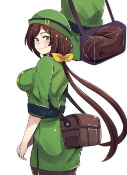 1girl absurdres bag bow bowler_hat breasts brown_hair commentary english_commentary formal_clothes from_side green_hat green_jacket hair_bow hat hayakawa_tazuna highres hinghoi horse_girl horse_tail jacket large_breasts long_hair looking_at_viewer multiple_views shoulder_bag skirt skirt_suit smile solo split_ponytail suit tail umamusume white_background