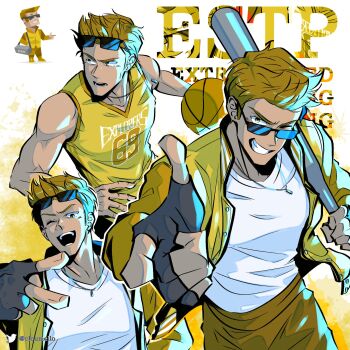 16personalities 1boy ball baseball_bat basketball_(object) basketball_uniform black_gloves brown_eyes brown_hair cloumello commentary entrepeneur_(16personalities) fingerless_gloves gloves grin highres holding holding_ball holding_baseball_bat jacket jewelry looking_at_viewer male_focus multiple_views muscular muscular_male myers-briggs_type_indicator necklace number_print open_clothes open_jacket open_mouth pointing pointing_at_viewer shirt short_hair sleeveless sleeveless_shirt smile sportswear sunglasses white_shirt yellow_jacket yellow_shirt yellow_theme