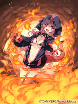 1girl bikini black_bikini black_collar black_hoodie breasts character_request cleavage collar copyright_notice dragon_girl dragon_horns dragon_tail fire hood hoodie horns keypot looking_at_viewer medium_breasts medium_hair official_art open_mouth pink_hair red_eyes red_scales single_horn smile solo swimsuit tail wixoss