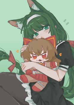 1girl animal_ear_fluff animal_ears assault_lily black_pantyhose black_skirt blush character_doll commentary covered_mouth cowboy_shot doll floating_hair fox_ears frilled_skirt frills gatti_love green_background green_eyes green_hair hair_ribbon hairband hands_up hasebe_touka high-waist_skirt highres holding holding_doll hugging_doll hugging_object kemonomimi_mode kondou_misaka long_hair looking_at_viewer low-tied_long_hair miniskirt notice_lines pantyhose puffy_short_sleeves puffy_sleeves red_ribbon ribbon school_uniform shirt short_sleeves simple_background skirt solo standing very_long_hair white_hairband white_shirt yurigaoka_girls_academy_school_uniform