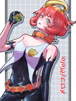 Rule 34 | 1girl, ahoge, bare shoulders, belt, black gloves, blonde hair, blush, bodysuit, breasts, collar, collarbone, covered navel, cowboy shot, detached collar, elbow gloves, freckles, gloves, green eyes, highres, hisuizoroa25, holding, holding poke ball, looking at viewer, mela (pokemon), multicolored hair, nintendo, orange belt, orange collar, poke ball, pokemon, pokemon sv, quick ball, red hair, short hair, single elbow glove, solo, team star, two-tone hair