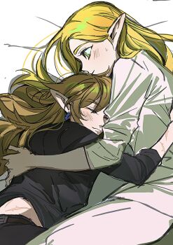 1boy 1girl bed_sheet black_pants black_shirt blonde_hair blush closed_eyes couple earrings green_eyes hetero highres hug jewelry light_smile link long_hair midriff_peek nintendo no_pants pants pointy_ears princess_zelda scar scar_on_arm scar_on_back shirt shuo_yue sweatdrop the_legend_of_zelda the_legend_of_zelda:_tears_of_the_kingdom upper_body white_shirt