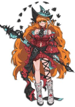 Rule 34 | 1girl, absurdres, aqua gloves, aqua hat, arknights, ascot, black ascot, boots, bow, brown hairband, choker, clothing cutout, cosplay, dress, fish, full body, gloves, hair bow, hairband, hat, highres, holding, holding staff, ishmael (project moon), limbus company, looking at viewer, navel cutout, off-shoulder dress, off shoulder, project moon, red choker, red dress, rope, simple background, skadi (arknights), skadi the corrupting heart (arknights), skadi the corrupting heart (arknights) (cosplay), solo, staff, white background, white boots, white bow, xingyun mantle