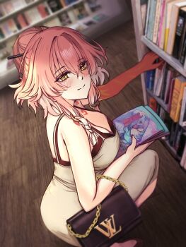 1girl absurdres alternate_costume annotated bare_shoulders black_bag blush body_markings breasts changli_(wuthering_waves) cleavage closed_mouth colored_extremities commentary dongtan_dress english_commentary flareza from_side hair_between_eyes hair_ornament hair_stick highres indoors large_breasts library looking_at_viewer looking_to_the_side photo_background red_hands smile solo squatting wuthering_waves yellow_eyes