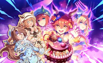 5girls animal_ears bad_link blonde_hair blue_eyes blunt_bangs brown_hair buttons cake candy chocolate dress ear_covers fog food fork green_eyes green_hat hat highres horse_ears horse_girl horse_tail knife matikanefukukitaru_(umamusume) multicolored_hair multiple_girls neo_universe_(umamusume) official_alternate_costume official_art open_mouth orange_hair silence_suzuka_(umamusume) sounds_of_earth_(sonata_alla_menta)_(umamusume) sounds_of_earth_(umamusume) surprised taiki_shuttle_(baa_baa_patisserie)_(umamusume) taiki_shuttle_(umamusume) tail umamusume