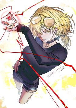 Rule 34 | 1girl, absurdres, bang dream!, bang dream! it's mygo!!!!!, black choker, black shirt, blonde hair, blue shorts, blush, breasts, chinese commentary, choker, commentary request, earrings, eyewear on head, hand on own hip, hero45439083942, highres, jewelry, long hair, long sleeves, magic, medium breasts, open mouth, original, shirt, shorts, simple background, sleeves past wrists, solo, togawa hazuki, white background, yellow eyes