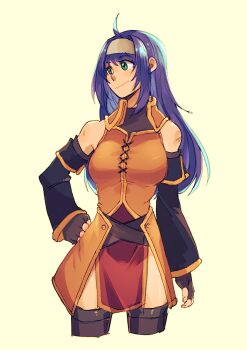 1girl ahoge bare_shoulders breasts charmwitch commentary detached_sleeves english_commentary fingerless_gloves fire_emblem fire_emblem:_path_of_radiance fire_emblem:_radiant_dawn gloves green_eyes hairband highres long_hair looking_to_the_side medium_breasts mia_(fire_emblem) nintendo purple_hair solo standing thighhighs thighs white_hairband