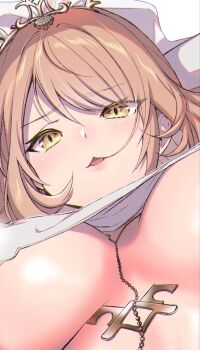 Rule 34 | 1girl, angesukidayo, blonde hair, blush, breasts, breasts apart, chromatic aberration, close-up, commentary request, from below, gold tiara, hair in own mouth, highres, jewelry, large breasts, lips, looking at viewer, looking down, necklace between breasts, nijisanji, nui sociere, nui sociere (6th costume), open mouth, slit pupils, solo, triangle mouth, underboob, upshirt, virtual youtuber, yellow eyes