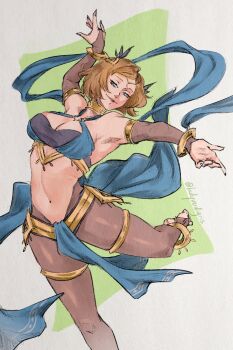 1girl alternate_costume artist_name barefoot blonde_hair blue_eyes bracelet breasts cosplay dancer dancing dorothea_arnault dorothea_arnault_(plegian) dorothea_arnault_(plegian)_(cosplay) female_kiran_(fire_emblem) fire_emblem fire_emblem_heroes freckles gold_bracelet gold_choker highres jewelry kiran_(fire_emblem) ladyverdigris large_breasts looking_at_viewer medium_hair nail_polish navel nintendo pantyhose simple_background smile solo stomach