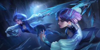 1girl absurdres bell_sleeves blue_eyes blue_hair breasts cleavage cleavage_cutout clone clothing_cutout dongfang_jing earrings hair_ornament high_collar highres ice ice_crystal jewelry long_sleeves mirror multicolored_hair non-web_source official_alternate_costume official_art purple_hair reflection round_collar single_earring solo spiral_staircase split-color_hair stairs three-quarter_sleeves two-tone_hair wangzhe_rongyao weapon wide_sleeves window