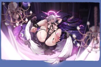 1girl absurdres ankleband arm_up armband artist_request azur_lane barefoot breasts cleavage clothing_cutout cross-laced_clothes cross-laced_cutout crossed_bangs feathered_wings feet frilled_armband frills gem grabbing_own_thigh hair_between_eyes head_wings highres huge_breasts looking_at_viewer lying m_legs navel non-web_source official_alternate_costume official_art open_mouth pearl_(azur_lane) pearl_(fallen_angel_in_the_dark_castle)_(azur_lane) pearl_(gemstone) pearl_thong pelvic_curtain red_eyes see-through_clothes short_hair soles solo spread_legs stomach_cutout toes tongue tongue_out white_hair white_wings wings