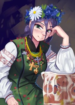 1girl absurdres blue_hair blush breasts chainsaw_man closed_mouth commentary cross dress english_commentary flower fluffkaiser green_eyes hair_flower hair_ornament head_wreath highres long_hair long_sleeves looking_at_viewer narrowed_eyes reze_(chainsaw_man) russia russian_clothes slavic_clothes smile solo upper_body
