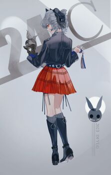 1girl 2023 absurdres black_boots black_hat black_shirt boots bronya_zaychik bronya_zaychik_(black_nucleus) closed_mouth commentary_request dongfang_ghost drill_hair eyepatch from_behind full_body grey_background grey_hair grey_socks hat highres homu_(honkai_impact) honkai_(series) honkai_impact_3rd knee_boots kneehighs long_sleeves profile red_eyes red_skirt ribbed_socks sheriff_badge shirt shoe_soles skirt socks solo standing twin_drills twintails