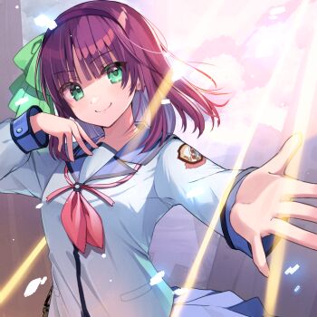 Rule 34 | 1girl, angel beats!, blue skirt, blunt bangs, bow, closed mouth, commentary request, day, eyes visible through hair, green bow, green eyes, hair bow, hairband, hand up, heaven burns red, key (company), long sleeves, looking at viewer, medium hair, nakamura yuri, neckerchief, official art, outdoors, outstretched arm, outstretched hand, pink neckerchief, purple hair, purple hairband, school uniform, shinda sekai sensen uniform, shirt, skirt, smile, solo, straight hair, sunlight, upper body, white shirt, yushima