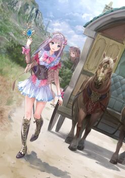 2girls absurdres adoptive_parent_and_adoptive_child atelier_(series) atelier_lulua blue_eyes blue_hair blue_sky boots breasts brown_hair carriage cloud commentary_request cover day dress elmerulia_frixell full_body grey_hair hat highres holding holding_staff horse jacket kishida_mel long_hair looking_at_viewer mother_and_daughter multiple_girls nature official_art open_clothes open_jacket open_mouth outdoors rorolina_frixell shadow sky small_breasts smile staff standing video_game_cover walking
