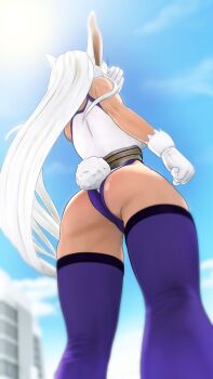 1girl 3d animal_ears ass bare_shoulders boku_no_hero_academia breasts dark-skinned_female dark_skin female_focus from_behind from_below gloves greatm8 highres large_breasts leotard long_hair mirko rabbit_ears rabbit_girl rabbit_tail sky solo tail thighhighs thighs white_gloves white_hair