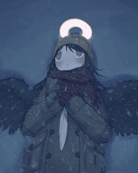 Rule 34 | 1girl, angel, angel wings, artist name, beanie, black hair, black wings, blush, coat, commentary, english commentary, feathered wings, feathers, gloves, glowing, glowing halo, grey eyes, haibane renmei, halo, hat, highres, holding, holding feather, knit hat, kurohanenone, outdoors, own hands together, scarf, snow, snowflakes, snowing, traditional halo, wings, winter clothes, winter coat
