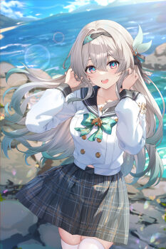 1girl absurdres black_hairband bow bowtie commentary_request cowboy_shot duplicate firefly_(honkai:_star_rail) firefly_(spring_missive)_(honkai:_star_rail) green_bow green_bowtie grey_hair grey_sailor_collar grey_skirt hairband hands_up highres honkai:_star_rail honkai_(series) kuroida long_hair looking_at_viewer mixed-language_commentary ocean official_alternate_costume open_mouth outdoors partial_commentary pixel-perfect_duplicate plaid_bow plaid_bowtie plaid_clothes sailor_collar school_uniform serafuku shirt skirt thighhighs white_shirt white_thighhighs zettai_ryouiki