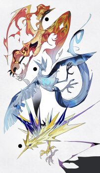 animal_focus articuno beak bird fiery_hair fiery_wings fire flame-tipped_tail gen_1_pokemon highres kamikiririp legendary_pokemon moltres nintendo no_humans pokemon pokemon_(creature) tail talons wings zapdos