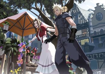 1boy 1girl 5tatsu aerith_gainsborough armor bangle belt black_gloves blonde_hair blue_pants blue_shirt bracelet braid braided_ponytail brown_hair buster_sword cloud_strife cropped_jacket dress final_fantasy final_fantasy_vii final_fantasy_vii_rebirth final_fantasy_vii_remake flower gloves hair_ribbon highres jacket japanese_armor jewelry kalm long_dress long_hair looking_at_another multiple_belts open_mouth pants parted_bangs parted_lips pink_dress pink_ribbon pointing red_jacket ribbon shirt short_hair short_sleeves shoulder_armor signature single_bare_shoulder single_braid single_shoulder_pad smile sode spiked_hair suspenders town tree umbrella wagon walking weapon weapon_on_back