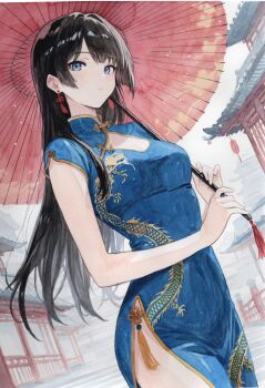 1girl absurdres black_hair blue_dress blue_eyes blush breasts china_dress chinese_clothes cleavage_cutout clothing_cutout commentary dragon_print dress dutch_angle earrings highres holding holding_umbrella jewelry long_hair looking_at_viewer mannmaruu medium_breasts oil-paper_umbrella original outdoors pagoda painting_(medium) pankou red_umbrella side_slit sleeveless sleeveless_dress solo standing tassel tassel_earrings traditional_media umbrella watercolor_(medium)