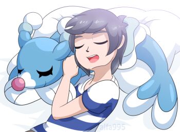 1boy alfa995 artist_name brionne closed_eyes elio_(pokemon) fins gen_7_pokemon lying nintendo on_back pillow pokemon pokemon_(creature) pokemon_sm sleeping tail