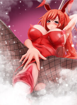 1girl animal_ears arisugawa_natsuha black_pantyhose blush breasts censored clothing_aside covered_navel fake_animal_ears fishnet_pantyhose fishnets gaping gaping_pussy high_heels idolmaster idolmaster_shiny_colors large_breasts leotard leotard_aside long_hair looking_at_viewer nipples orange_hair pantyhose playboy_bunny pole pole_dancing purple_background pussy pussy_smoking rabbit_ears red_hair red_leotard smoke_from_pussy spread_legs spread_pussy squatting strapless strapless_leotard stripper_pole torn_clothes torn_pantyhose vaginal_smoking