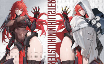 1girl arm_armor armor armored_bodysuit armored_boots armored_leotard before_and_after black_armor boots commentary commentary_request dramz english_commentary goddess_of_victory:_nikke highres leotard mixed-language_commentary nihilister_(nikke) nihilister_(rebuilt)_(nikke) official_alternate_costume official_artist_extra red_hair see-through_cleavage see-through_clothes smile solo