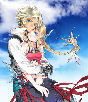 Rule 34 | 00s, 1boy, 1girl, bare shoulders, blonde hair, blue eyes, braid, cloud, couple, day, feathers, final fantasy, final fantasy tactics a2, final fantasy tactics advance, final fantasy xii, final fantasy xii revenant wings, gloves, hair ornament, hetero, hug, hug from behind, jacket, long hair, lowleg, lowleg pants, midriff, one eye closed, pants, penelo, raven (ambrosia), short hair, sky, smile, twin braids, twintails, vaan (ff12), wink