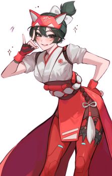 Rule 34 | 1girl, absurdres, animal ear hairband, animal ears, brown eyes, commentary, fake animal ears, fingerless gloves, gloves, green hair, hairband, hand on own hip, highres, japanese clothes, kimono, kiriko (overwatch), looking at viewer, miko, overwatch, ponytail, red gloves, red hairband, smile, solo, sparkle, symbol-only commentary, tnd4015, tongue, tongue out, white kimono