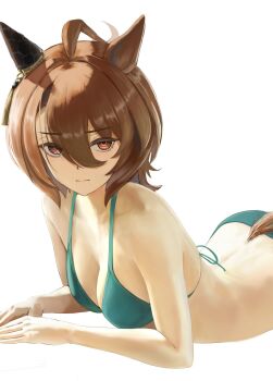 1girl agnes_tachyon_(umamusume) animal_ears bare_arms bare_shoulders bikini breasts brown_eyes brown_hair brown_tail cleavage closed_mouth commentary_request glaring green_bikini hair_between_eyes highres horse_ears horse_girl horse_tail long_hair_between_eyes looking_at_viewer lying medium_breasts medium_hair o_ko_ge2024 on_stomach simple_background solo swimsuit tail umamusume v-shaped_eyebrows white_background