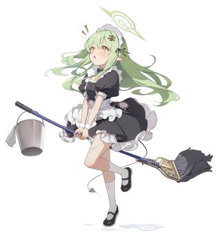 1girl absurdres alternate_costume apron black_bow black_shoes black_skirt black_tail blue_archive blush bow broom broom_riding bucket commentary dampi demon_tail dress food food_on_face fork frilled_dress frills green_hair green_halo hair_ornament hairpin halo highres hikari_(blue_archive) long_hair maid maid_apron maid_headdress mop pointy_ears shoes simple_background skirt socks solo tail watch white_background white_socks wrist_cuffs yellow_eyes