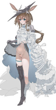 1girl amiya_(arknights) amiya_(guard)_(arknights) amiya_(guard)_(in_a_myriad_of_universes)_(arknights) animal_ears arknights blue_eyes blush boots braid brown_hair cleft_of_venus female_pubic_hair high_heel_boots high_heels highres long_hair lower_body navel pubic_hair pussy rabbit_ears shaped_pubic_hair simple_background skirt solo white_background wohaimeiyou