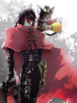 1boy belt black_gloves black_hair black_jacket black_pants cait_sith_(final_fantasy) cape cat cloak commentary_request crown feet_out_of_frame final_fantasy final_fantasy_vii final_fantasy_vii_rebirth final_fantasy_vii_remake gauntlets gloves glowing glowing_eyes gun hair_between_eyes headband highres holding holding_gun holding_weapon jacket long_hair male_focus mini_crown multiple_belts niwawaka on_shoulder pants red_cape red_cloak red_eyes red_headband single_gauntlet single_glove standing vincent_valentine weapon