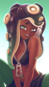 1girl 2020 20s aqua_background aqua_eyes aqua_hair aqua_pantyhose black_hair black_shirt black_shorts breasts cephalopod_eyes cleavage collarbone gradient_background grin headphones highres long_hair looking_at_viewer louis_lloyd-judson marina_(splatoon) medium_breasts midriff mole mole_under_mouth multicolored_hair navel navel_piercing nintendo octoling octopus_girl pantyhose piercing shirt shorts sitting sleeveless sleeveless_shirt smile splatoon_(series) splatoon_2 suction_cups symbol-shaped_pupils teeth tentacle_hair two-tone_hair zipper