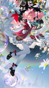 1girl absurdres aqua_bow aqua_bowtie aqua_eyes aqua_hair black_shoes bow bowtie bubble character_charm charm_(object) dress drill_hair flower full_body guaisanmu hat highres honkai:_star_rail honkai_(series) hyacine_(honkai:_star_rail) little_ica_(honkai:_star_rail) multicolored_hair pantyhose pink_hair rainbow red_dress red_hat second-party_source shoes sky sunflower twin_drills two-tone_hair weibo_username white_pantyhose